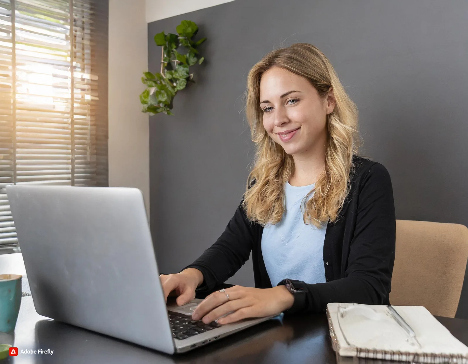 Smiling woman typing on a laptop by a sunny window, created with Adobe Firefly