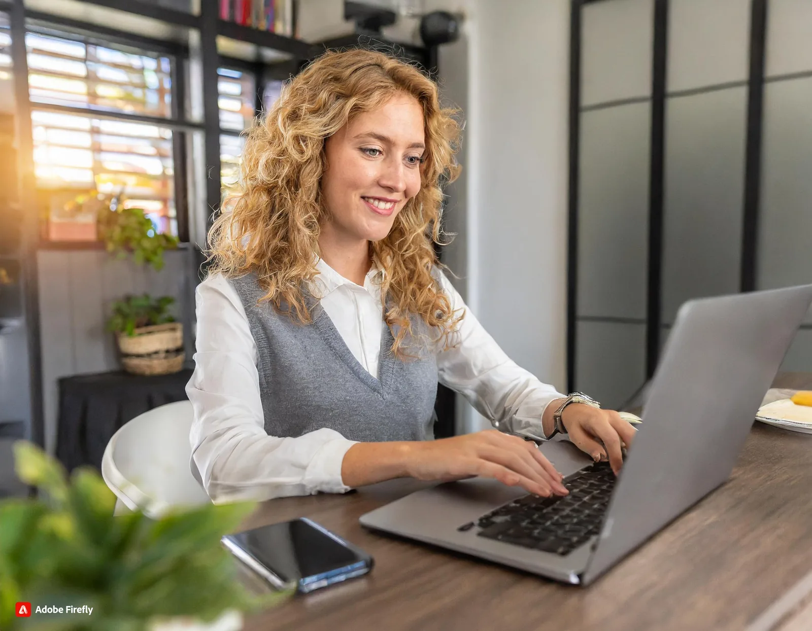 Smiling woman with curly hair typing on a laptop at a wooden desk, created with Adobe Firefly